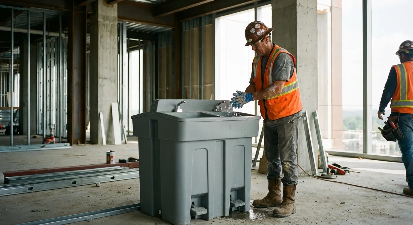 A dual-basin hand wash station positioned on a concrete floor of a high-rise construction site with the city skyline visible through open steel framing. in Denver, CO