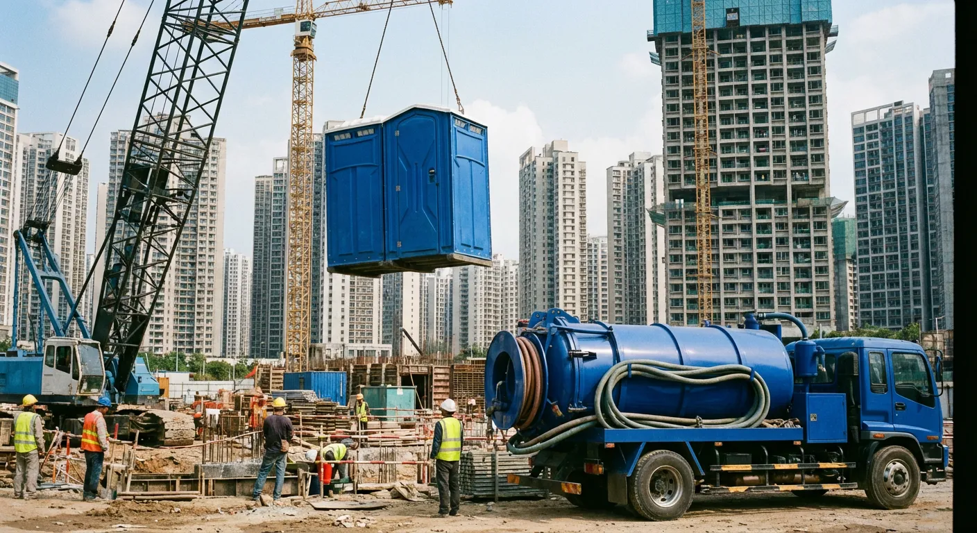 A High-Rise Crane Liftable Toilet unit suspended in mid-air by a crane against a city skyline during the day, showcasing the steel sling attachment. in Denver, CO