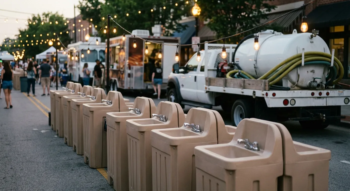 A row of clean, grey portable hand wash stations set up on pavement near food trucks, with blurred festival lights and crowd in the background. in Denver, CO