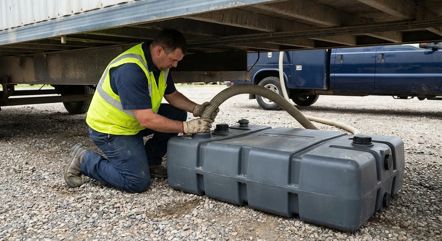 Front Range Sanitation vacuum truck servicing a waste holding tank at a construction site in Denver, CO